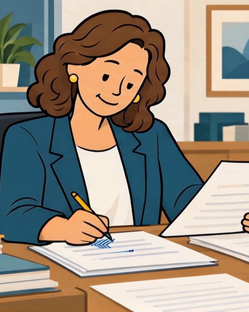 A Kinly team member signing paperwork at her desk