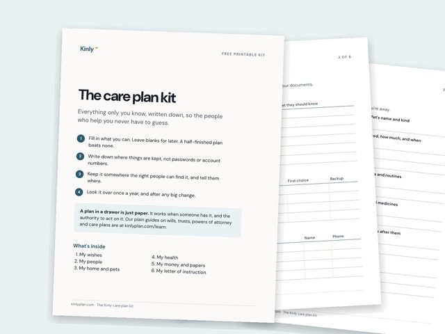 Pages from the Kinly care plan kit: the cover, My people and My home and pets